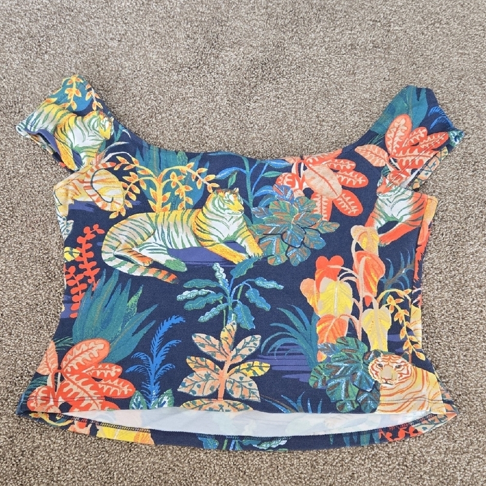 Anthro Maeve Tiger Jungle Print Top Off-Shoulder Knit Jungle Print Size XL - Picture 6 of 7